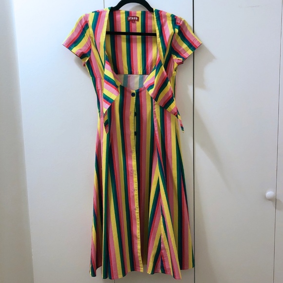 *SOLD* Staud Rainbow Tie-front Striped Poplin Dress - Picture 5 of 8